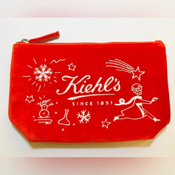 NWOT! 😊 Kiehl's Red Velvet Makeup Bag/ Cosmetic Pouch w/White Embroidery - Picture 1 of 2